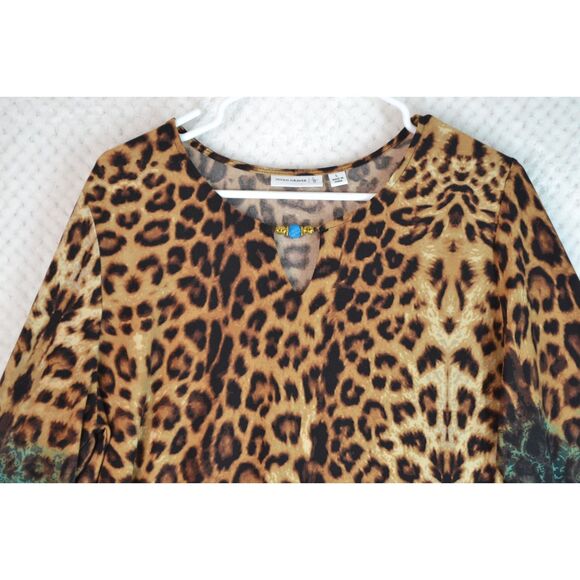 Susan Graver Women's Large Brown Animal Print Liquid Knit 3/4 Sleeve Blouse - Picture 2 of 11